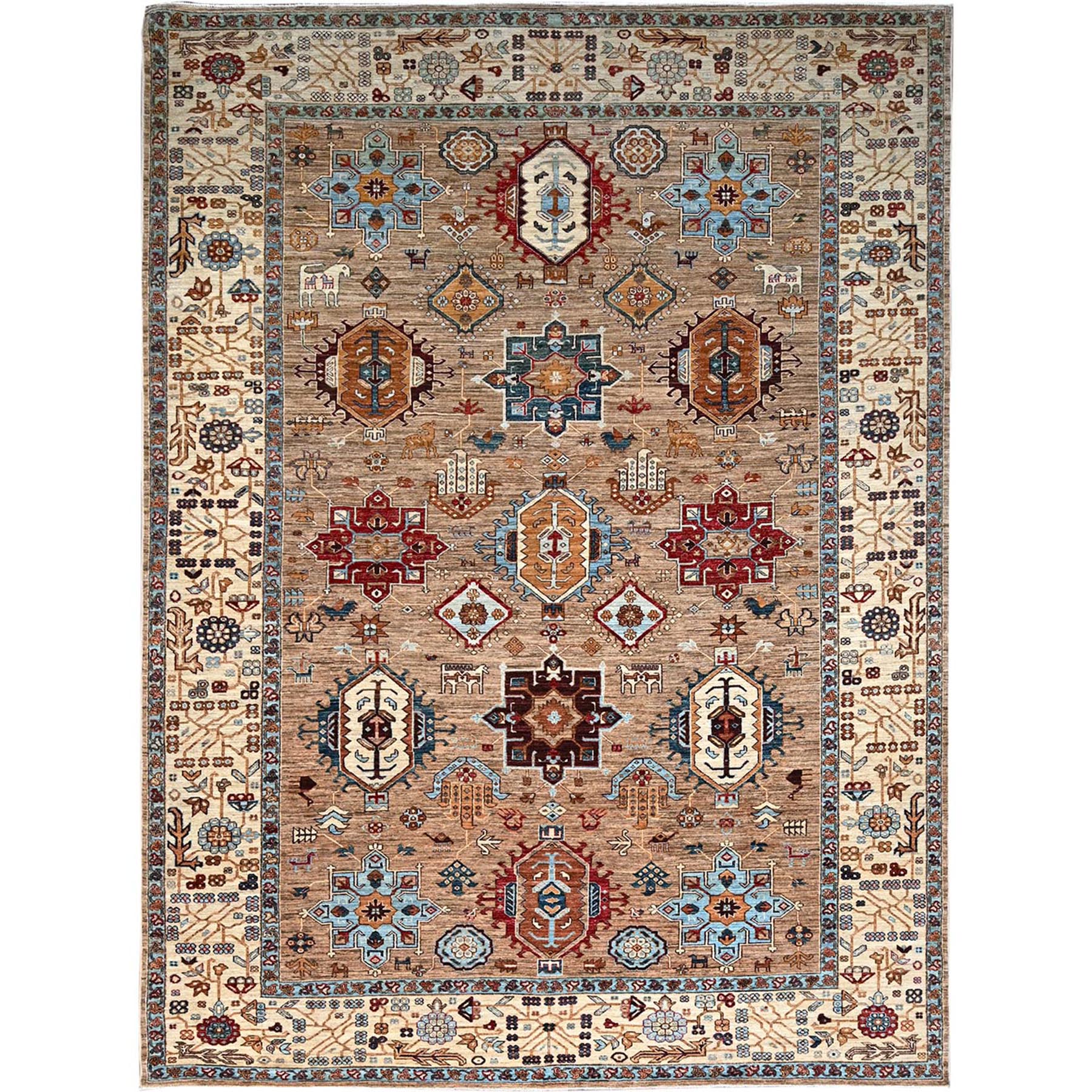 Porcini Beige, Densely Woven Afghan Super Kazak with Geometric Elements, Vegetable Dyes, 100% Wool, Hand Knotted, Oriental Rug